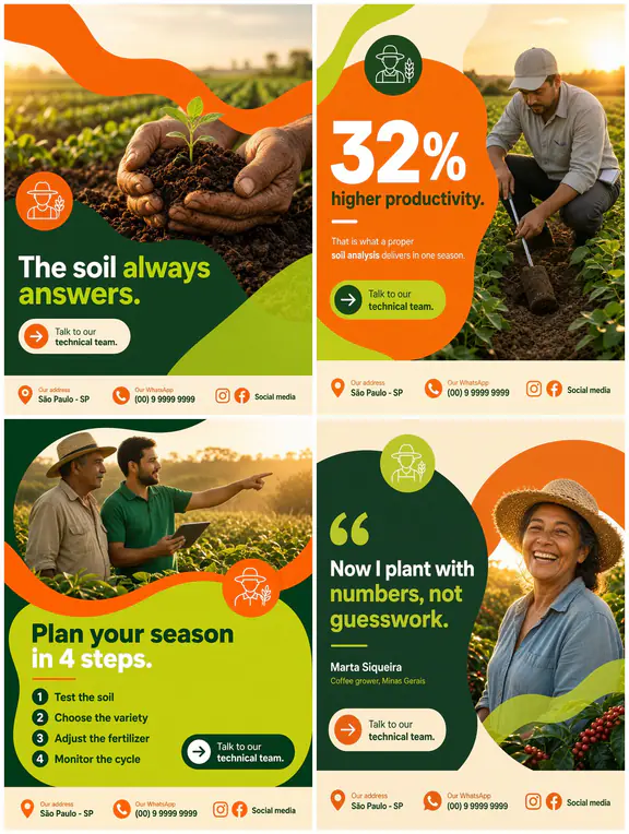 Four sample posts in a design system: organic blobs in orange and yellow.