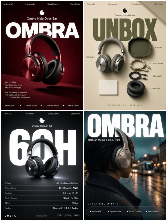Four sample posts in a design system: a giant wordmark behind a floating product.