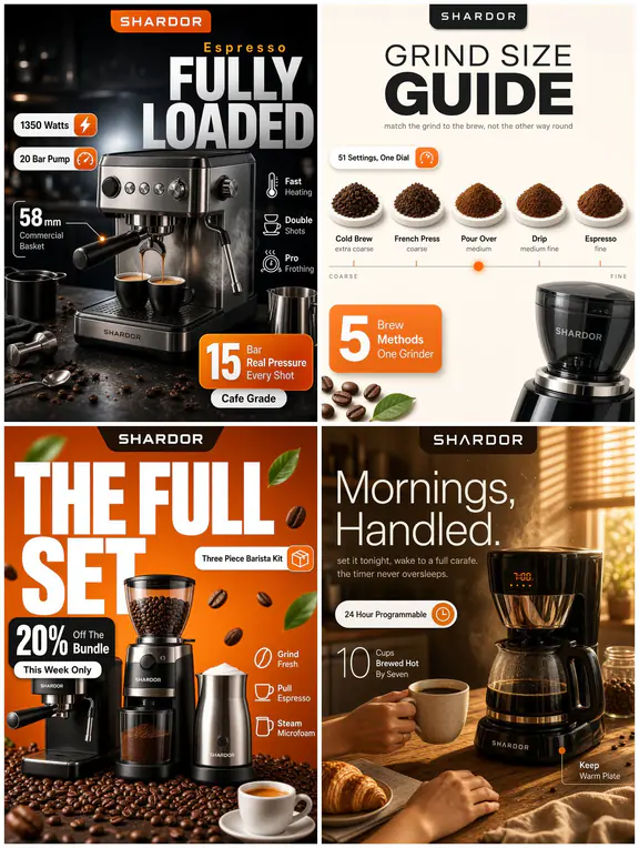Four sample posts in a design system: high-gloss product photography on warm orange.