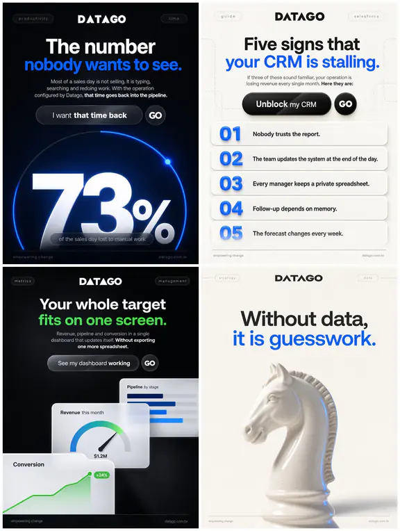 Four sample posts in a design system: deep blue and charcoal, data panels.